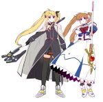  2girls ankle_boots ankle_socks armored_boots bardiche_(assault_form)_(nanoha) bardiche_(nanoha) black_coat black_ribbon black_socks blonde_hair boots bow bowtie brown_hair cape closed_mouth clothes_lift coat coat_lift commentary cropped_jacket dogwhitee dress dress_lift fate_testarossa flat_color floating_hair full_body hair_ribbon halberd highres jacket light_smile long_hair long_sidelocks long_sleeves looking_at_viewer lyrical_nanoha mahou_shoujo_lyrical_nanoha_strikers multiple_girls parted_bangs polearm puffy_long_sleeves puffy_sleeves purple_eyes raising_heart raising_heart_(accel_mode) red_bow red_bowtie red_eyes ribbon sidelocks simple_background sleeves_rolled_up socks standing takamachi_nanoha thighhighs trench_coat twintails untranslatable_commentary very_long_hair weapon white_background white_boots white_cape white_dress white_jacket white_ribbon wispy_bangs 