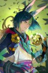 1boy ancient_greek_clothes animal_ear_fluff animal_ears aqua_eyes aqua_hair artist_logo beads belt black_hair black_shirt blue_gloves blue_hoodie blunt_ends brown_eyes brown_gloves colored_inner_hair commentary dated earrings flask floating_hair flower fox_boy fox_ears fox_tail genshin_impact gloves greco-roman_clothes green_background green_hair hair_between_eyes hand_up highres himation hood hoodie jewelry leaf_earrings logo long_sleeves looking_to_the_side male_focus multicolored_eyes multicolored_hair purple_belt round-bottom_flask shirt short_hair simple_background single_earring smile solo tail tassel teeth tighnari_(genshin_impact) turtleneck turtleneck_shirt two-sided_gloves two-tone_hair upper_body yellow_flower you_yeyou0904 