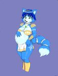  2019 anthro belly blue_body blue_fur blue_hair bottomwear bra breasts canid canine clothed clothing danellz female fox fur hair hand_on_stomach jewelry krystal mammal markings navel nintendo outie_navel pregnant simple_background solo star_fox topwear underwear video_games white_markings 