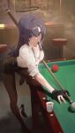  1girl absurdres alternate_costume alternate_hairstyle ball billiard_ball billiard_chalk billiards black_halo black_pantyhose black_shoes blue_archive blue_eyes breasts cleavage commentary cue_stick cup disposable_cup gloves halo high_heels highres holding holding_cue_stick id_card indoors lanyard long_hair looking_at_viewer mechanical_halo medium_breasts millennium_science_school_logo modare no_shoes pantyhose partially_fingerless_gloves playing_sports pool_table purple_hair shoes smile solo standing table unworn_shoes yuuka_(blue_archive) 