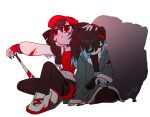  2girls baseball_bat baseball_cap black_hair black_jacket black_leggings commentary_request gun hat hatsune_miku highres holding holding_baseball_bat holding_gun holding_weapon jacket janxxi kasane_teto leggings multiple_girls red_eyes red_hat red_shirt shirt twintails utau vocaloid weapon white_sleeves yararara_(synthesizer_v) 