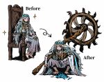  anklet arrow_(symbol) barefoot blood blood_on_weapon blue_cape braid cape chair choker closed_eyes commentary_request crystal doll_joints dress elden_ring elden_ring_nightreign english_text flower_wreath full_body ghiza's_wheel gold_anklet grey_hair hands_on_lap head_wreath highres holding holding_behind_back holding_weapon_behind_back jewelry joints long_hair low_twin_braids multiple_views pile revenant_(elden_ring) sitting smile solid_circle_pupils sparkle squatting twin_braids veil weapon white_choker white_dress white_veil white_wrist_cuffs wrist_cuffs yoshio_(kimama) 