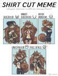  absurd_res anthro apogee_(tinygaypirate) belt bottomwear breasts brown_body brown_fur brown_hair canid canine canis cheek_tuft cleavage clothed clothing cowlick curled_tail domestic_dog ear_piercing elbow_tuft english_text facial_piercing facial_tuft female floppy_ears fur furgonomics furry-specific_piercing hair hands_behind_head hat headgear headwear hi_res long_hair looking_at_viewer looking_back looking_side mammal markings meme messy_hair muzzle_piercing navel nose_piercing open_clothing open_shirt open_topwear pants pattern_clothing pattern_shirt pattern_topwear piercing plaid plaid_clothing plaid_shirt plaid_topwear ponytail raised_arms shirt shirt_cut_meme shorts side_boob simple_background solo spitz standing tank_top text thigh_gap tinygaypirate tongue tongue_out topwear tuft under_boob white_background 
