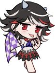  1girl :p akanbe barefoot black_hair blue_bow blue_bowtie blush bow bowtie buttons chibi chibi_only closed_mouth cone_horns eyelid_pull full_body grey_horns holding holding_towel horns kijin_seija long_hair looking_at_viewer mirei_(miirei) multicolored_hair multicolored_skirt red_eyes red_streaks shirt short_sleeves simple_background skirt smile solo standing streaked_hair tongue tongue_out touhou towel transparent_background white_shirt white_skirt white_streaks 