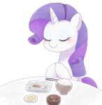  2020 absurd_res bowl chopsticks container equid equine eyes_closed female feral food friendship_is_magic front_view furniture ginmaruxx hair hasbro hi_res horn mammal my_little_pony purple_hair quadruped rarity_(mlp) rice simple_background sitting solo table unicorn unicorn_horn white_background white_horn 