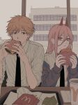  1boy 1girl bite_mark black_necktie blonde_hair blue_jacket building burger chainsaw_man cheese collared_shirt commentary_request cross-shaped_pupils cup demon_horns denji_(chainsaw_man) disposable_cup drinking_straw eating food french_fries hair_between_eyes highres holding holding_burger holding_food horns indoors jacket jacket_partially_removed ketchup lettuce looking_at_viewer mekill215280 necktie open_mouth parted_lips pink_hair power_(chainsaw_man) red_eyes red_horns shirt sitting spiked_hair symbol-shaped_pupils upper_body white_shirt window yellow_eyes 