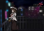  1girl bags_under_eyes balcony black_boots black_hat black_skirt boots bow brown_eyes brown_hair building can cigarette collared_shirt commentary disembodied_eye drink_can galm_x_lmr_(ryonasa) gap_(touhou) hair_bow hand_on_own_arm hat hat_bow long_skirt long_sleeves medium_hair necktie night open_mouth red_bow red_necktie shirt skirt sleeve_garter solo star_(sky) touhou usami_renko white_bow white_shirt 