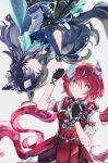  2girls animal_ears asymmetrical_jacket blue_hair breasts closed_eyes dailytachycafe detached_sleeves dress ear_covers ear_ornament feather_hair_ornament feathers green_eyes hair_ornament highres holding_hands horse_ears horse_girl horse_tail low_twintails multicolored_hair multiple_girls red_dress red_hair single_detached_sleeve single_ear_cover small_breasts tail twintails two-tone_hair umamusume verxina_(le_beau_sommet)_(umamusume) verxina_(umamusume) white_background white_hair win_variation_(dramatic_tutu)_(umamusume) win_variation_(umamusume) 