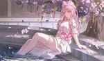  1girl animal_ear_fluff animal_ears bare_shoulders breasts chinese_commentary cleavage closed_mouth commentary_request commission detached_sleeves dress facial_mark fingernails flower frilled_thigh_strap full_body highres large_breasts legs long_hair looking_at_viewer nail_polish original petals pink_flower pink_hair pink_nails pink_petals shale short_sleeves sitting soaking_feet solo thigh_strap tree white_dress white_sleeves yellow_eyes 