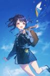  1girl absurdres backpack bag black_hair black_shoes blue_background blue_cardigan blue_necktie blue_skirt blue_theme brown_bag cardigan cloud commentary facial_mark fangs feet_out_of_frame floating_hair fukumaru_koito highres idolmaster idolmaster_shiny_colors kneehighs loafers looking_ahead necktie open_mouth pink_eyes qinglai_haiji shoes skin_fangs skirt socks solo white_socks 