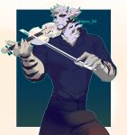  1boy absurdres animal_ears arknights artist_name black_pants blue_shirt bow_(music) bulge claws commentary cross_scar daru808080 english_commentary furry furry_male highres holding holding_bow_(music) holding_instrument holding_violin instrument looking_at_viewer male_focus mountain_(arknights) multiple_scars pants scar scar_across_eye scar_on_arm scar_on_cheek scar_on_face shirt smile tiger_boy tiger_ears tiger_stripes twitter_username violin 