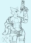  2021 anthro beastars belt bottomwear canid canine canis clothed clothing cosplay eye_scar facial_scar fur guilty_gear gun gun_holster hand_on_hip happy_chaos_(guilty_gear) hi_res jacket legoshi_(beastars) looking_at_viewer male mammal mostly_clothed muscular muscular_anthro muscular_male no_shirt omegax open_clothing open_jacket open_topwear pants pupils ranged_weapon scar signature simple_background sketch slit_pupils solo topwear weapon wolf 