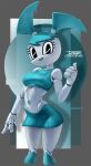  1girl blue_hair blue_skirt blue_tank_top breasts clothed_robot colored_skin highres humanoid_robot izhardraws jenny_wakeman joints mechanical_hair medium_breasts metal_skin my_life_as_a_teenage_robot robot robot_girl robot_joints screw skirt solo tank_top twintails white_skin 