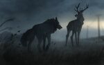  2020 ambiguous_gender antlers canid canine canis cervid cloud detailed_background digital_media_(artwork) fangs feral fur glowing glowing_eyes grass grey_body grey_fur hi_res horn mammal natalie_de_corsair open_mouth outside plant sky solo teeth utility_pole white_eyes wolf 