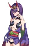  1girl absurdres bare_shoulders blush breasts commentary eyeliner fate/grand_order fate_(series) headpiece highres horns japanese_clothes kimono long_sleeves looking_at_viewer makeup off_shoulder omte97 oni open_mouth petite purple_eyes purple_hair purple_kimono revealing_clothes short_hair short_kimono shuten_douji_(fate) skin-covered_horns small_breasts smile solo wide_sleeves 