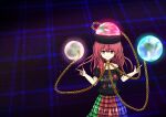  1girl black_collar black_shirt blue_skirt breasts chain cleavage closed_mouth clothes_writing collar collarbone commentary dream_world_(touhou) galm_x_lmr_(ryonasa) green_skirt heart heart_print hecatia_lapislazuli legacy_of_lunatic_kingdom long_hair looking_at_viewer multicolored_skirt orb planet red_eyes red_hair red_skirt shirt skirt smile solo space star_(sky) strapless strapless_shirt textless_version touhou 
