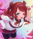  >_o 1girl :d ;d absurdres bike_shorts bike_shorts_under_shorts brown_hair commentary gakuen_idolmaster hair_rings hanami_saki heart highres idolmaster jtmika leaning_forward long_hair long_sleeves looking_at_viewer one_eye_closed partially_unzipped red_shorts shirt shorts smile solo two_side_up white_shirt zipper_pull_tab 