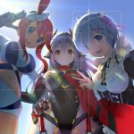  3girls android arm_around_another's_waist armored_leotard blackminolith_(2ne) blue_boots blue_eyes blue_gloves blue_hair blue_shorts boots breasts camera_pov commentary commission covered_navel cowboy_shot dress elbow_gloves english_commentary fake_phone_screenshot fake_screenshot gloves hair_ornament hair_over_one_eye highleg highleg_leotard highres jacket joints large_breasts leotard long_hair looking_at_viewer maid medium_breasts midriff multiple_girls one_side_up open_mouth pink_ribbon pixiv_commission pokemon pokemon_black_and_white poppi_(xenoblade) poppi_qtpi_(xenoblade) purple_hair re:zero_kara_hajimeru_isekai_seikatsu red_hair red_scarf rem_(re:zero) ribbon robot_ears robot_joints roswaal_mansion_maid_uniform scarf selfie short_hair short_hair_with_long_locks short_shorts shorts sidelocks skyla_(pokemon) smile v v-shaped_eyebrows x_hair_ornament xenoblade_chronicles_(series) xenoblade_chronicles_2 yellow_eyes 