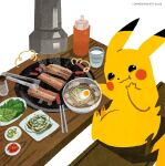  bench blush_stickers chewing chopsticks closed_mouth commentary_request commission copyright_logo cup egg_(food) food hand_on_own_face lettuce logo looking_at_viewer meat next_pluto no_humans noodles pikachu pokemon pokemon_(creature) pokemon_focus ramen sauce simple_background sitting spring_onion table tongs twitter_username white_background wooden_bench wooden_table 