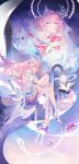  5girls amphoreus_(honkai:_star_rail) back bare_shoulders book chinese_commentary commentary_request cyrene_(demiurge)_(honkai:_star_rail) cyrene_(honkai:_star_rail) cyrene_(philia093)_(honkai:_star_rail) dress dress_flower fingernails flower flower_on_leg from_side full_body hair_flower hair_ornament halo halo_behind_head hands_on_own_leg high_heels highres honkai:_star_rail honkai_(series) hugging_object hugging_own_legs infinity_symbol jacket layered_dress leaf_hair_ornament long_hair mem_(honkai:_star_rail) multicolored_dress multicolored_hair multicolored_ribbon multiple_girls nail_polish pink_halo pink_nails purple_eyes purple_flower purple_jacket red_flower ribbon sakirs_mingan see-through_clothes see-through_dress_layer straight-on wrist_ribbon 