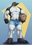  anthro avian barrel beak big_feet big_muscles bird body_hair bottomwear bulge chest_tuft clothed clothing corrsk digital_media_(artwork) eyes_closed feet happy_trail hi_res male muscular muscular_anthro muscular_male paws penguin shorts simple_background smile solo swimwear topless tuft 