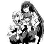  >:( 3girls black_hair blonde_hair closed_mouth frown gattai_(hunter_x_hunter) greyscale hair_ornament hellfire00001 highres long_hair long_sleeves monochrome multiple_girls neckerchief open_mouth oumi_shiori parody sailor_collar scene_reference school_uniform serafuku short_hair short_sleeves simple_background skirt squatting undershirt v-shaped_eyebrows watashi_wo_tabetai_hitodenashi white_background white_sailor_collar yaotose_hinako yashiro_miko 
