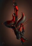 2021 absurd_res ankles_tied anthro athletic athletic_anthro athletic_male bdsm black_body black_claws black_fur black_nose black_pawpads black_tail bodily_fluids bondage bound brown_eyes canid canine claws dated drooling erection frogtied fur genital_piercing genitals glistening glistening_eyes hands_tied hi_res hufnaar legs_tied male male_anthro mammal nude open_mouth pawpads penis penis_piercing piercing prince_albert_piercing red_body red_fur red_penis red_tail restraints rope rope_bondage saliva simple_background solo suspension suspension_bondage tail toe_claws tongue tongue_out upside_down