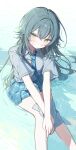  1girl :/ bare_legs blush commentary_request feet_out_of_frame gakuen_idolmaster green_eyes green_hair green_necktie green_skirt grey_shirt hair_flaps highres holding_cloth idolmaster long_hair looking_at_viewer necktie ningen_mame plaid_clothes plaid_skirt pleated_skirt school_uniform shirt short_sleeves sitting skirt solo sweatdrop tsukimura_temari very_long_hair 