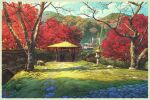  autumn autumn_leaves blue_sky border cloud cloudy_sky commentary_request day grass japan landscape leaf maple_leaf mugumo_24k no_humans original outdoors revision rock scenery signature sky train tree white_border 