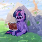  1:1 2021 book cutie_mark equid equine feathers female feral friendship_is_magic front_view glazirka hair hasbro hi_res hooves horn magic magic_user mammal my_little_pony outside purple_body purple_eyes purple_feathers purple_hair purple_horn purple_wings quadruped sitting solo twilight_sparkle_(mlp) unicorn_horn winged_unicorn wings 