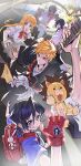  2girls 4boys absurdres black_hair black_kimono bleach brown_hair closed_mouth commentary cosknb dark-skinned_male dark_skin fingerless_gloves gloves grey_skirt grin hair_between_eyes highres inoue_orihime ishida_uryuu japanese_clothes karakura_high_school_uniform kimono kon_(bleach) kuchiki_rukia kurosaki_ichigo long_hair multiple_boys multiple_girls necktie open_mouth orange_eyes orange_hair pleated_skirt red_gloves sado_yasutora school_uniform shihakusho shirt short_hair skirt smile white_shirt 