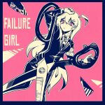  1girl ahoge blue_theme closed_mouth collared_shirt commentary english_commentary hair_ornament hairclip highres hod_(project_moon) jacket limited_palette lobotomy_corporation looking_at_viewer project_moon sad scissors shippaisaku_shoujo_(vocaloid) shirt sidelocks sodacolacan suit 