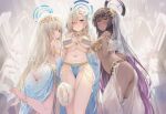  3girls ai-generated ass asuna_(blue_archive) barefoot blue_archive blue_halo breasts cleaning_&amp;_clearing_(blue_archive) cleavage commentary_request dark-skinned_female dark_skin grin hair_over_one_eye halo harem_outfit jewelry karin_(blue_archive) large_breasts long_hair looking_at_viewer multiple_girls purple_halo see-through_clothes see-through_veil smile toki_(blue_archive) user_hjdd3225 veil very_long_hair 