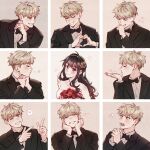  1boy 1girl black_hair blonde_hair blue_eyes blush breasts commentary couple dress earrings gold_earrings gold_hairband hairband hetero highres husband_and_wife ideksams jewelry large_breasts long_hair long_sleeves open_mouth red_eyes shirt short_hair sidelocks smile spy_x_family twilight_(spy_x_family) untranslatable_commentary yor_briar 