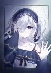  1girl absurdres bare_shoulders blue_hairband bow collarbone commentary_request dress fingernails frilled_dress frilled_sleeves frills goat_horns gothic_lolita hair_over_one_eye hairband highres horns lolita_fashion lolita_hairband long_fingernails long_hair long_sleeves looking_at_mirror mahou_shoujo_no_majo_saiban mirror natsume_an-an off-shoulder_dress off_shoulder one_eye_closed polka_dot polka_dot_bow purple_eyes reflection sleeve_bow sleeves_past_fingers sleeves_past_wrists spoilers t4on_(t4ontil1zm) very_long_hair white_hair 