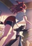  1girl absurdres bare_arms bare_legs bike_shorts bike_shorts_under_shorts chinese_commentary commentary exercising feet_out_of_frame gakuen_idolmaster hanami_saki highres idolmaster indoors looking_ahead profile red_hair red_shorts shirt shorts solo sweat white_shirt xubai 