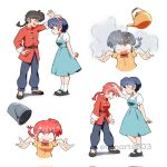  1boy 2girls ^_^ anger_vein black_hair black_shoes blue_dress blue_eyes blue_hair blue_pants bow bowtie braid brown_eyes bucket chibi chinese_clothes closed_eyes dress eminarts503 english_commentary fuurinkan_high_school_uniform headpat highres multiple_girls open_mouth pants ranma_1/2 red_bow red_bowtie red_hair saotome_ranma saotome_ranma_(female) saotome_ranma_(male) school_uniform shirt shirt_under_dress shoes short_hair single_braid socks tangzhuang teapot tendou_akane wet white_socks wide-eyed yellow_shirt 