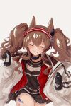  1girl angelina_(arknights) animal_ears arknights black_collar black_gloves black_shirt black_shorts blush brown_hair closed_eyes coat collar commentary_request dot_nose earpiece facing_viewer fox_ears fox_girl gloves grin hairband hands_up highres infection_monitor_(arknights) jacket kanuluillust long_hair long_sleeves material_growth multicolored_hairband open_clothes open_coat open_jacket oripathy_lesion_(arknights) raised_inner_eyebrows red_hairband red_jacket shirt short_shorts shorts simple_background smile solo striped_clothes striped_hairband twintails two-tone_hairband white_background white_coat 