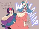  anthro anthrofied blush breasts cleavage clothed clothing dress duo ear_piercing english_text eyes_closed farley_(kyaramerucocoa) female fur giraffe giraffid green_hair hair hi_res horn hybrid kyaramerucocoa long_hair long_neck luxray mammal nintendo nipple_outline obese obese_anthro obese_female open_mouth overweight overweight_anthro overweight_female piercing pok&eacute;mon pok&eacute;mon_(species) slap snorlax sound_effects spanking spots spotted_body spotted_fur text tongue video_games 