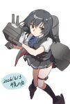  1girl adapted_turret artist_name black_hair black_skirt black_vest collared_shirt commentary_request dated dress_shirt feet_out_of_frame gloves green_eyes gyuunyuu_no_chikara highres kantai_collection long_hair one-hour_drawing_challenge oyashio_(kancolle) pleated_skirt rigging school_uniform shirt skirt smokestack solo vest white_gloves white_shirt 