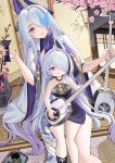 2girls absurdres azur_lane cherry_blossoms commentary highres instrument looking_at_viewer multiple_girls purple_eyes shamisen sheet_music teapot unzen-chan_(azur_lane) unzen_(azur_lane) white_hair zbfmkc 