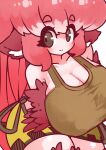  1girl absurdres ahoge animal_ears arms_under_breasts bare_shoulders bird_ears bird_legs blush breasts brown_tank_top cleavage coco_(eogks) feathers harpy highres huge_breasts long_hair monster_girl nn_(eogks) original red_feathers red_hair red_wings simple_background skirt solo tank_top very_long_hair white_background winged_arms wings yellow_skirt 