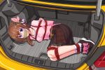  1girl absurdres arms_behind_back bdsm blue_eyes bondage bound bound_ankles bound_arms bound_legs brown_hair car car_trunk commentary duct_tape full_body gag gagged hair_ornament highres hololive kidnapping looking_at_viewer lying meitoku motor_vehicle on_side red_rope revision rope shibari shibari_over_clothes solo star_(symbol) tokino_sora virtual_youtuber 
