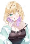  1girl bare_shoulders black_camisole blonde_hair blue_nails blush breasts camisole cleavage collarbone colored_inner_hair commentary ear_piercing eyelashes fang fingernails green_eyes green_hoodie hair_ornament hairclip highres hood hoodie jewelry kurumi_noah kurumi_noah_(6th_costume) large_breasts looking_at_viewer medium_hair mint_mia multicolored_hair nail_polish one_eye_closed open_mouth piercing pink_hair ring simple_background solo strap_slip striped_clothes striped_hoodie teddy_bear_hair_ornament two-tone_hair virtual_youtuber vspo! white_background yawning 