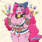  anthro big_breasts bottomless breasts clothed clothing cosplay equid equine female friendship_is_magic genitals hi_res horse huge_breasts looking_at_viewer mammal monster_hunter_rise my_little_pony nipple_slip open_mouth open_smile orions-tipp pinkie_pie_(mlp) pussy smile solo 
