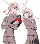  1boy 1girl aqua_eyes armband braid closed_mouth command_spell commentary_request cowboy_shot crossed_arms eye_contact fate/strange_fake fate_(series) gakuran gloves headband highres jacket korean_commentary looking_at_another meganebeeam monochrome multicolored_hair neckerchief positive_vs_negative_(vocaloid) red_armband red_eyes red_headband richard_i_(fate) sailor_collar sailor_shirt sajou_ayaka_(fate/strange_fake) school_uniform shirt small_sweatdrop spot_color streaked_hair 
