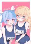  2girls absurdres blonde_hair blue_eyes blue_hair blue_one-piece_swimsuit breasts collarbone commentary_request flower-shaped_pupils highres i-19_(kancolle) i-8_(kancolle) imonegi_oekaki kantai_collection large_breasts long_hair multiple_girls old_school_swimsuit one-piece_swimsuit red-framed_eyewear red_eyes school_swimsuit swimsuit symbol-shaped_pupils tri_tails twintails twitter_username 