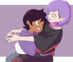  2girls amity_blight arms_around_another's_waist black_hair black_nails brown_eyes brown_hair dark-skinned_female dark_skin grin highres hug ini_yoy light_blush luz_noceda multicolored_hair multiple_girls one_eye_closed pantyhose pointy_ears purple_hair short_hair short_sleeves smile the_owl_house two-tone_hair yellow_eyes yuri 