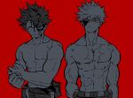  2boys abs aqua_eyes arm_across_waist bakugou_katsuki belt belt_buckle biceps blood blood_from_forehead blood_on_cheek blood_on_face boku_no_hero_academia buckle chiyaya clenched_hand closed_mouth collarbone explosive freckles frown grenade greyscale_with_colored_background hair_between_eyes highres looking_at_viewer male_focus midoriya_izuku multiple_boys multiple_scars muscular muscular_male navel no_nipples orange_eyes parted_lips red_background scar scar_on_arm scar_on_chest scar_on_hip scar_on_shoulder scar_on_stomach serious short_hair side-by-side simple_background snap-fit_buckle spiked_hair split_mouth spot_color straight-on topless_male torn_clothes tsurime uneven_eyes upper_body utility_belt v-shaped_eyebrows 