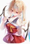  1girl absurdres alternate_costume ascot blonde_hair breasts calpis118 cleavage commentary_request crystal crystal_wings dress eating flandre_scarlet food food_in_mouth hair_between_eyes highres hot large_breasts loose_ascot melting_popsicle missing_headwear multicolored_wings one_side_up pointy_ears popsicle popsicle_in_mouth red_dress red_eyes red_nails simple_background solo sweat touhou wings yellow_ascot 